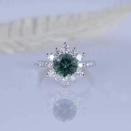 2 Carat Round Teal Sapphire Snowflake Halo Engagement Ring. Victorian 14K White Gold Ring