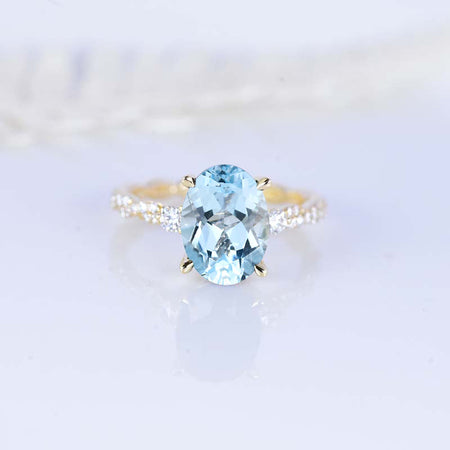 14K Yellow Gold 3 Carat Oval Genuine Natural Aquamarine Rope Engagement Ring Eternity Set