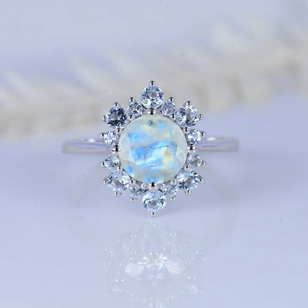 2 Carat Snowflake Genuine Moonstone with Aquamarine Halo 14K White Gold Ring