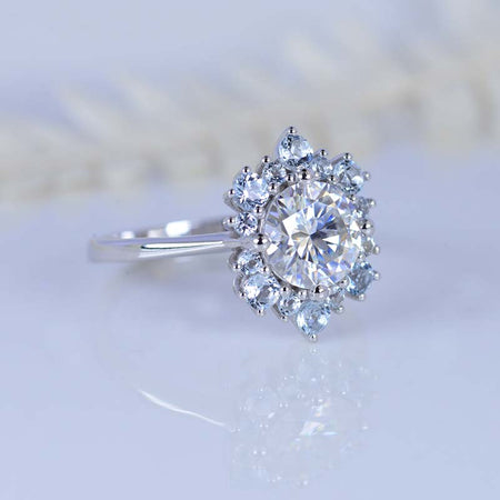 Snowflake Moissanite Ring/2.0ct Round Cut Moissanite Halo Ring/Solid 14K White Gold Ring