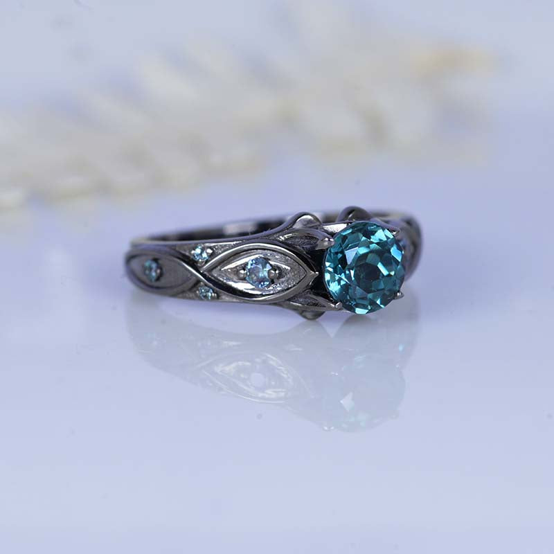 14K Black Gold Teal Sapphire Celtic Engagement Ring - Giliarto