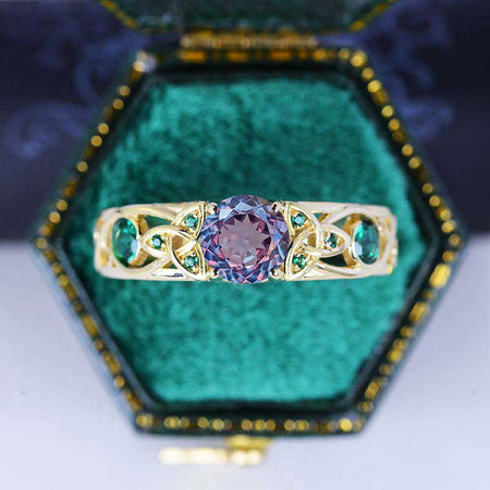 Portuguese Cut Alexandrite Celtic Engagement Ring 14K Yellow Gold