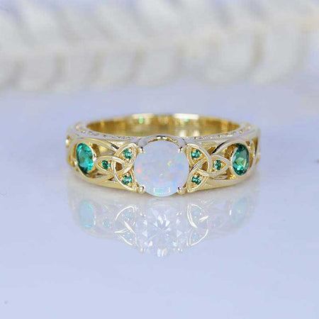 Genuine White Opal Celtic Engagement Ring 14K Yellow Gold