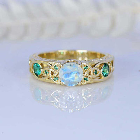 Natural Moonstone Celtic Engagement Ring 14K Yellow Gold