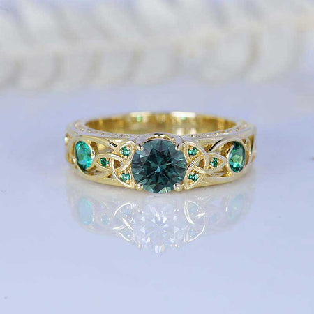 Teal Sapphire Celtic Engagement Ring 14K Yellow Gold