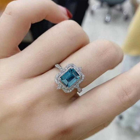 3Ct Emerald cut Halo Teal Sapphire ring, Teal Sapphire solitaire ring, Teal Sapphire ring, Teal Sapphire emerald cut vintage ring