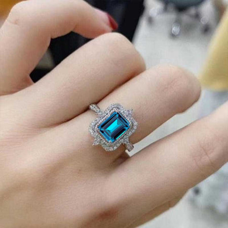 3Ct Emerald cut Halo Cornflower Sapphire ring, Cornflower Sapphire solitaire ring, Cornflower Sapphire ring, Cornflower Sapphire emerald cut vintage ring