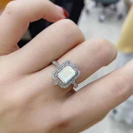 3Ct Emerald cut Halo Genuine White Opal ring, Genuine White Opal solitaire ring, natural Genuine White Opal ring, Genuine White Opal emerald cut vintage ring