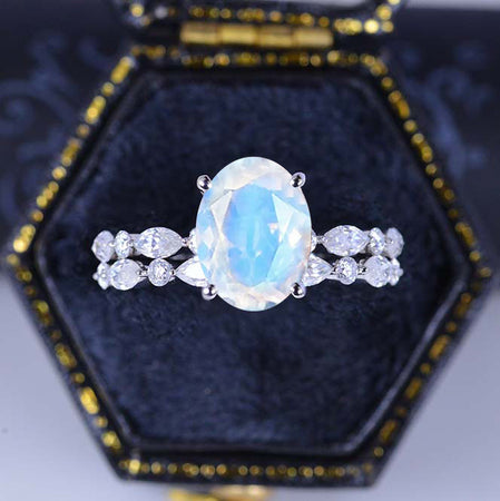 14K White Gold 2 Carat Oval Genuine Moonstone Vintage Engagement Ring, Eternity Ring Set