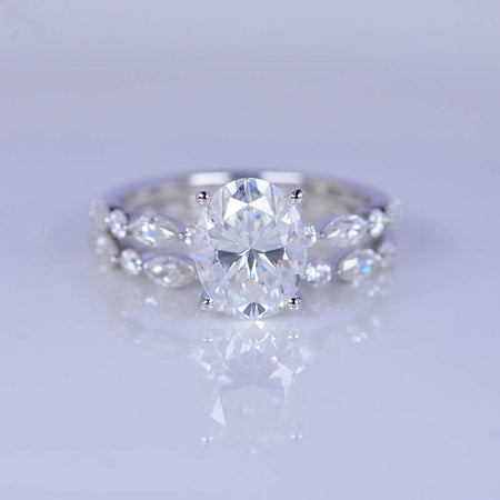 14K White Gold 2 Carat Oval Moissanite Vintage Engagement Ring, Eternity Ring Set