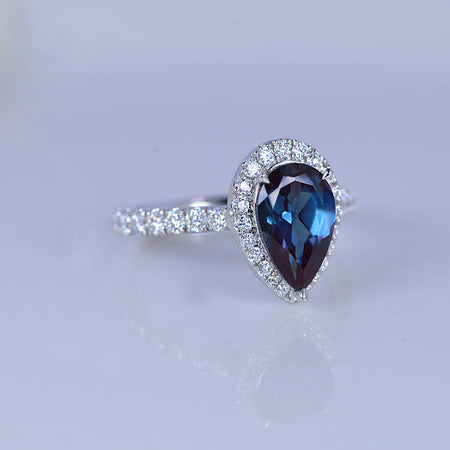 14K Solid White Gold 3 Carat Halo Pear Cut Alexandrite Unique Ring