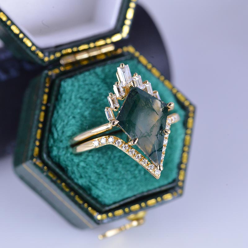 14K Gold 5 Carat Kite Genuine Moss Agate Halo Engagement Ring, Eternit ...