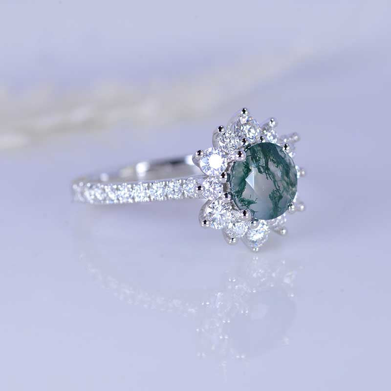 2 Carat Round Moss Agate Snowflake Halo Engagement Ring. Victorian 14K ...