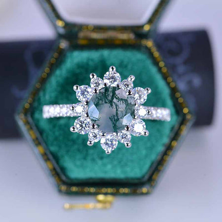 2 Carat Round Moss Agate Snowflake Halo Engagement Ring. Victorian 14K White Gold Ring