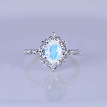 2 Carat Oval Genuine moonstone Halo Vintage Engagement Ring