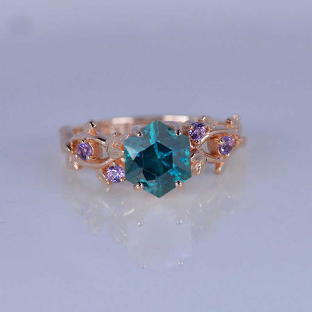 3 Carat Hexagon Teal Sapphire Floral 14K Rose Gold Engagement Ring