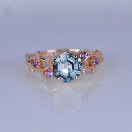 3 Carat Hexagon Genuine Natural Aquamarine Floral 14K Rose Gold Engagement Ring