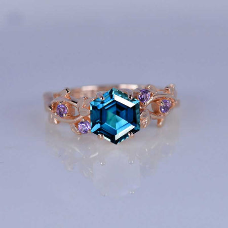 3 Carat Hexagon Cornflower Sapphire Floral 14K Rose Gold Engagement Ring