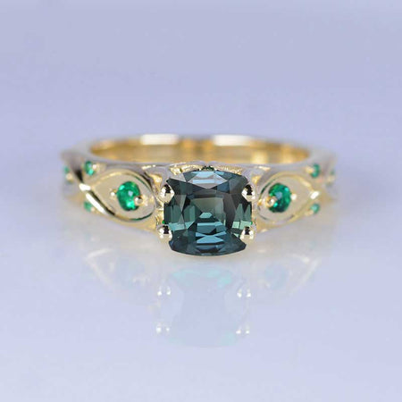 14K Yellow Gold Cushion Teal Sapphire Celtic Engagement Ring