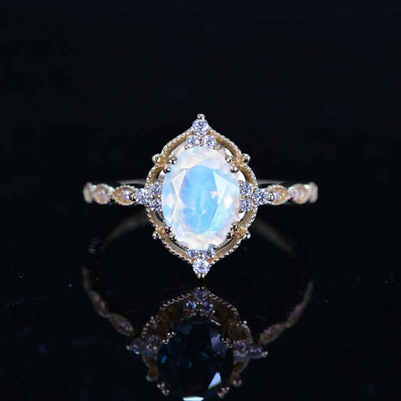 2 Carat Oval Genuine Moonstone Halo Vintage Yellow Gold Engagement Ring