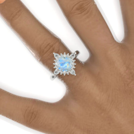 2 Carat Round Genuine Moonstone Snowflake Start Halo Engagement Ring