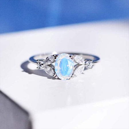 18K Solid White Gold Dainty Genuine moonstone Ring, 3 Carat Oval Cut Genuine moonstone Ring, White Gold Ring Unique Vintage Ring