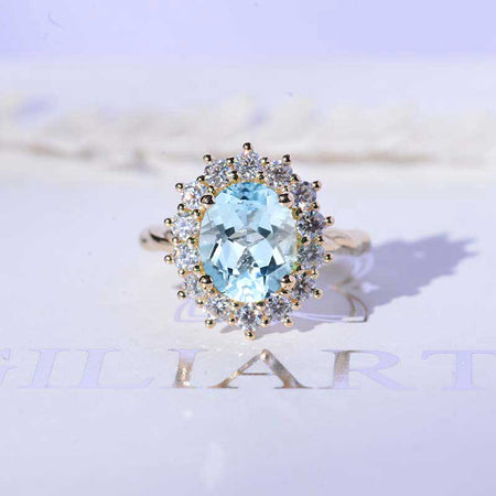 3 CT Oval Halo Genuine Natural Aquamarine Vintage Wedding Ring. 14K Solid Gold Engagement Ring Anniversary Ring, Baguette Double Halo Ring