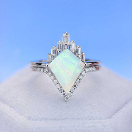 14K White Gold 3 Carat Kite Genuine White Opal Halo Engagement Ring, Eternity Ring Set