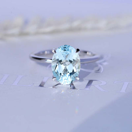 6 Carat Oval Cut Natural Aquamarine Ring, Hidden Halo Gold Engagement Ring