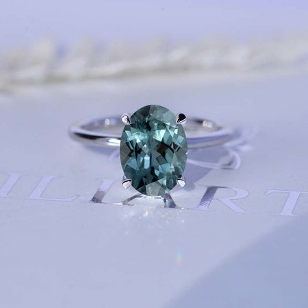 7 Carat Oval Cut Teal Sapphire Ring, Hidden Halo Gold Engagement Ring