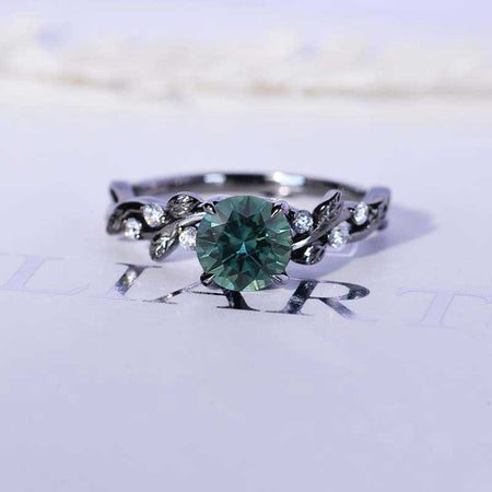 1.5 Carat Round Brilliant Cut Teal Sapphire Floral Black Gold Engagement Ring