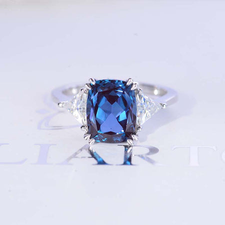 4 Carat Cushion Alexandrite Tri-Stone 14K White Gold  Engagement Ring