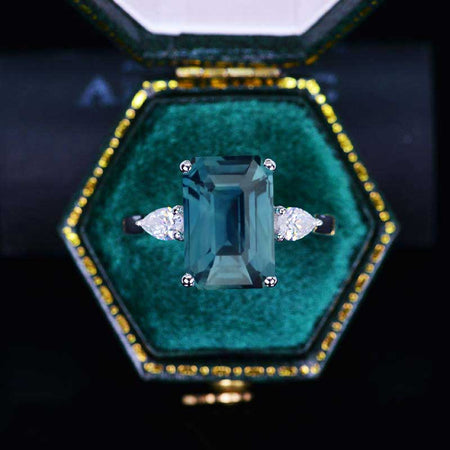 4 Carat Giliarto Elongated Emerald Cut Teal Sapphire Gold Engagement Ring