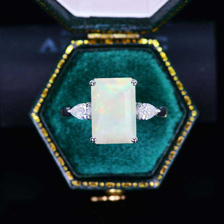 4 Carat Elongated Emerald Cut Genuine White Opal Gold Engagement Ring