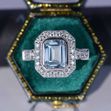 3 Carat Vintage Style Emerald Cut Aquamarine White Gold Engagement Ring