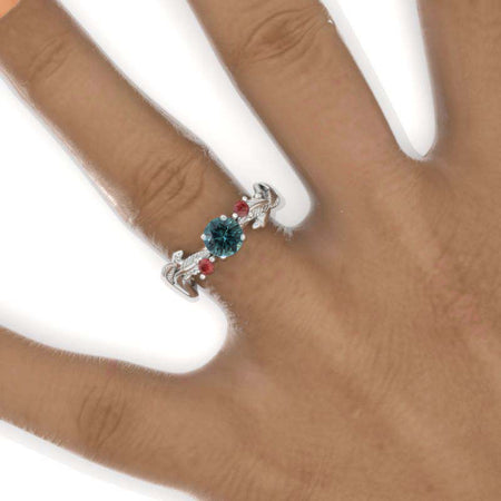 Teal Sapphire White Gold Floral Engagement Leaves Ring