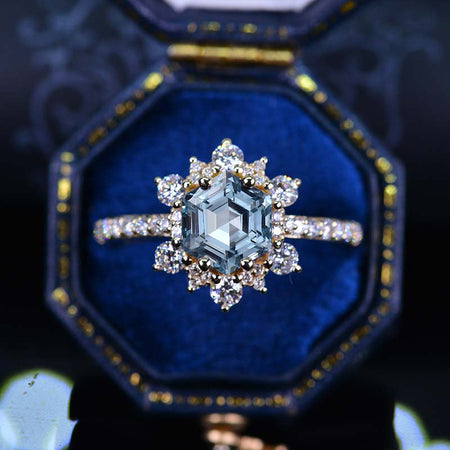 3 Carat Hexagon Genuine Natural Aquamarine Snowflake Halo Engagement Ring. Victorian 14K Yellow Gold Ring