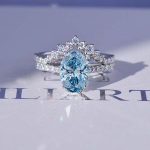 2 Carat Oval Lab-Grown Fancy Vivid Blue Diamond Solitaire Set Engagement Ring V Eternity Ring Set