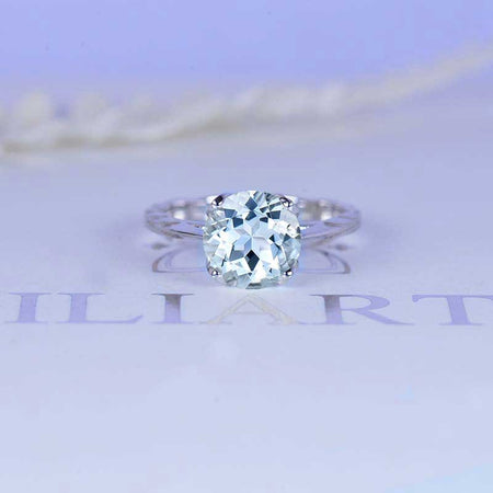 2 Carat Genuine Natural Aquamarine 14K White Gold Engagement. Eternity Ring. Opal Leaf Floral Ring Design