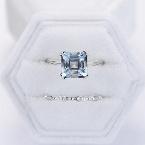 3 Carat Princess Cut Genuine Natural Aquamarine Engagement Eternity Gold Ring Set