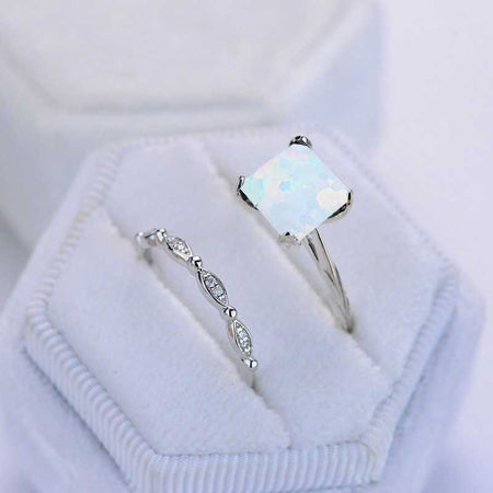 3 Carat Princess Cut White Opal  Engagement Eternity Gold Ring Set