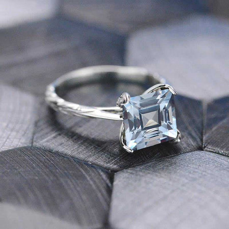 3 Carat Princess Cut Genuine Natural Aquamarine 14K White Gold Engagement Ring