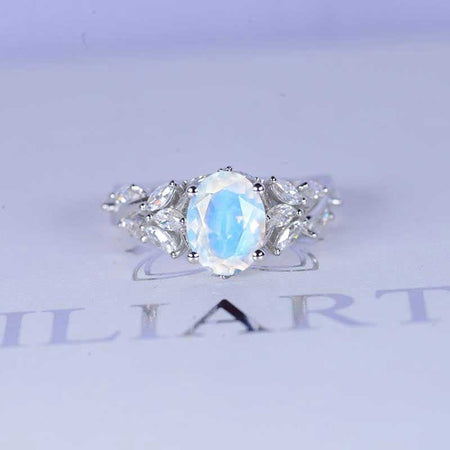 Celtic 3 Carat Oval Genuine moonstone 14K White Gold  Floral Fairy Tail Engagement Ring