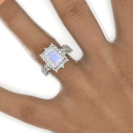 3 Carat Vintage Style 9x7mm Emerald Cut Halo Genuine moonstone Rose Gold Floral Shank Engagement Ring