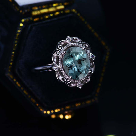 18K Solid White Gold Dainty Teal Sapphire Ring, 2ct Oval Cut Teal Sapphire Ring, Unique Oval Halo Vintage Ring