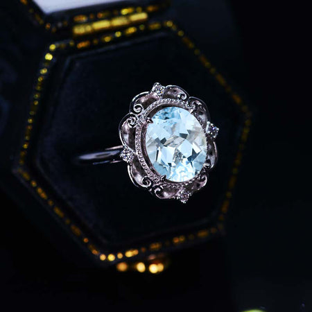 18K Solid White Gold Dainty Natural Aquamarine Ring, 2ct Oval Cut Natural Aquamarine Ring, Unique Oval Halo Vintage Ring.