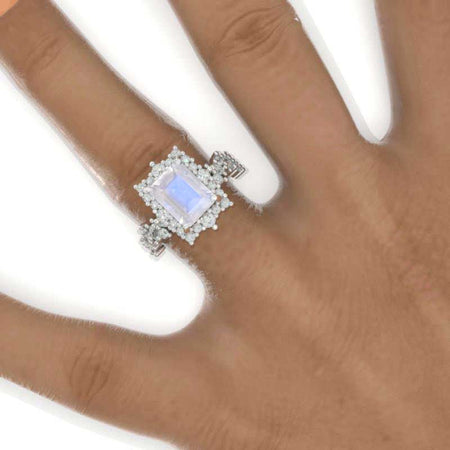 3 Carat Vintage Style 9x7mm Emerald Cut Halo Natural Moonstone Rose Gold Floral Shank Engagement Ring