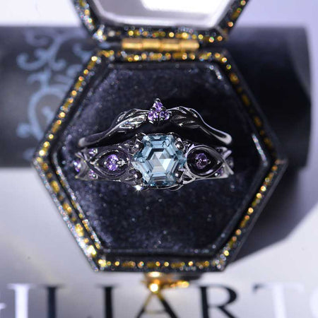 14K Black Gold Hexagon Genuine Natural Aquamarine Celtic Amethyst  Engagement Ring Set