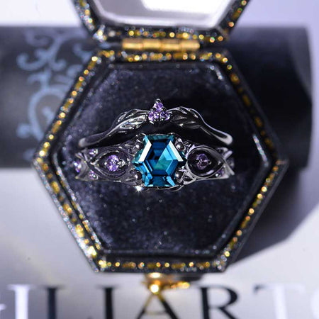 14K Black Gold Hexagon Cornflower Sapphire Celtic Amethyst  Engagement Ring Set