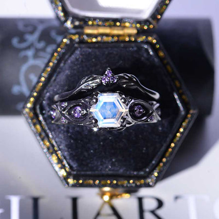 14K Black Gold Hexagon Black Natural Moonstone Celtic Amethyst  Engagement Ring Set